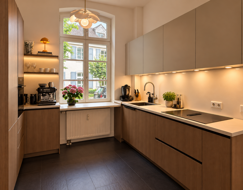 Schmale Küche mit warmen Holzfronten, hellen Hängeschränken, sandfarbener Arbeitsplatte, Spüle und Induktionskochfeld.