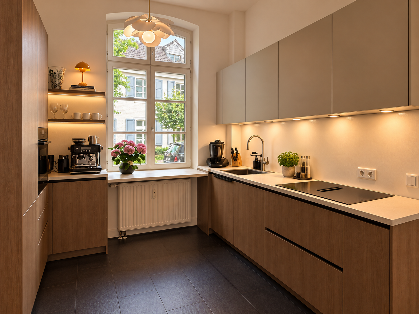 Schmale Küche mit warmen Holzfronten, hellen Hängeschränken, sandfarbener Arbeitsplatte, Spüle und Induktionskochfeld.