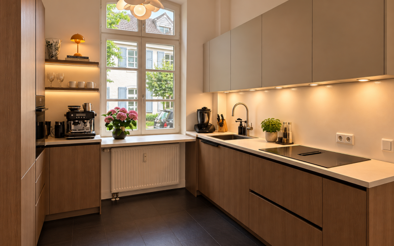 Schmale Küche mit warmen Holzfronten, hellen Hängeschränken, sandfarbener Arbeitsplatte, Spüle und Induktionskochfeld.